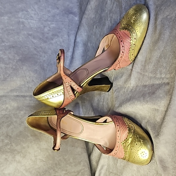 Miu Miu Shoes - Miu Miu Gold Peach Pink Coral Orange Round Mary Jane Leather Heel Wedge Sz.40
